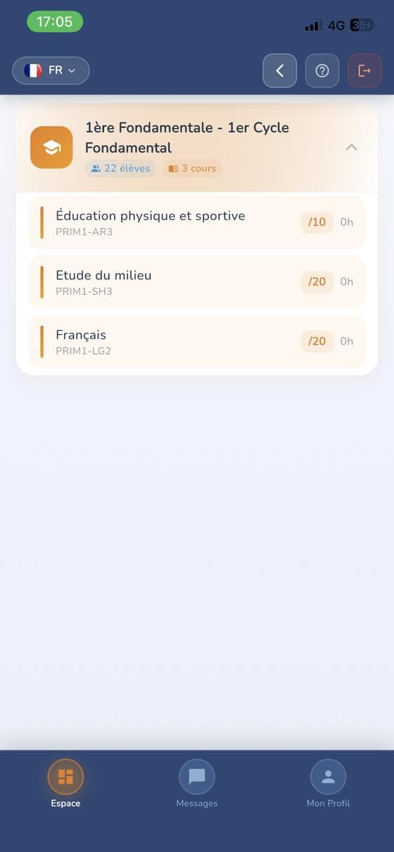 Vue des cours d'une classe dans l'espace enseignant